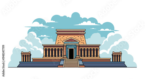 A stylized ancient building with columns and steps stands before fluffy clouds