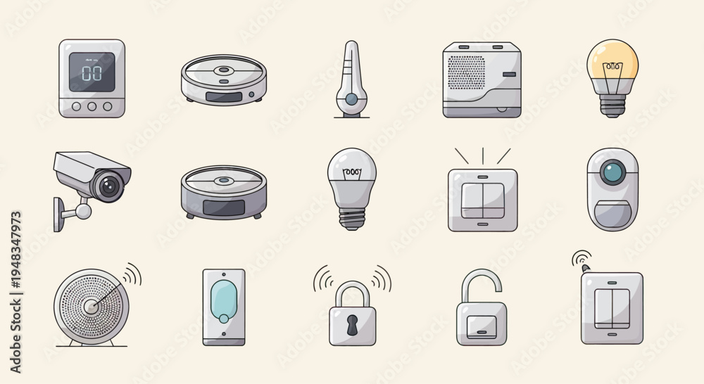 Fototapeta premium Smart home devices displayed as icons security camera, lightbulb, lock, and more