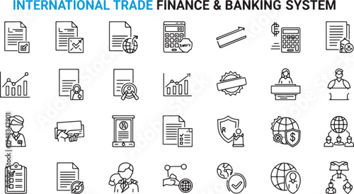 International Trade Finance and Banking System Icon Set for Global Business and Economy