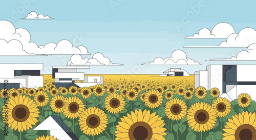 A vast field of sunflowers with modern buildings under a cloudy sky
