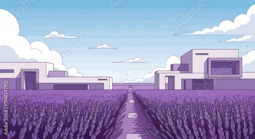 Modern structures flank a path through a vibrant purple lavender field under a cloudy blue sky