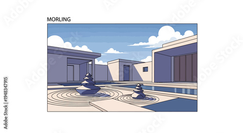 Modern minimalist courtyard with tiered sculptures, reflecting pools, and geometric architecture