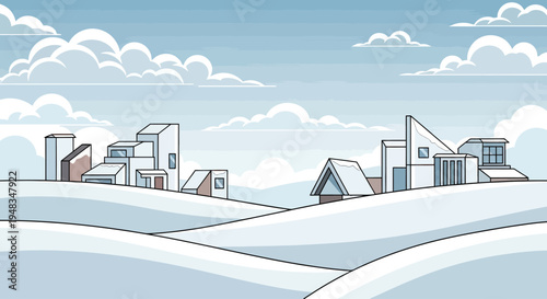 Stylized winter landscape with simple, angular buildings on snow-covered hills
