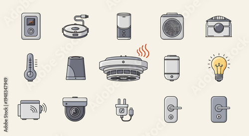 Set of icons representing various smart home devices and technology