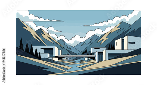 Geometric landscape with modern architecture, mountains, river, and clouds