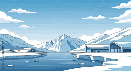 Serene Arctic landscape with snow-capped mountains, icy waters, and modern buildings