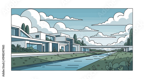 Modern structures overlook a tranquil canal under a sky filled with billowing clouds