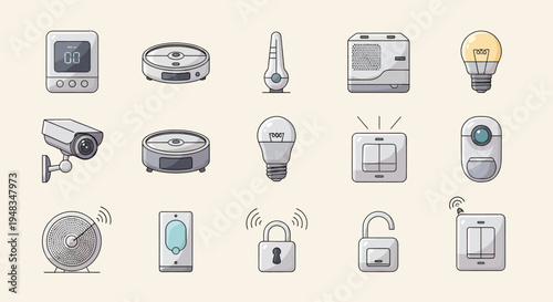 Smart home devices displayed as icons security camera, lightbulb, lock, and more