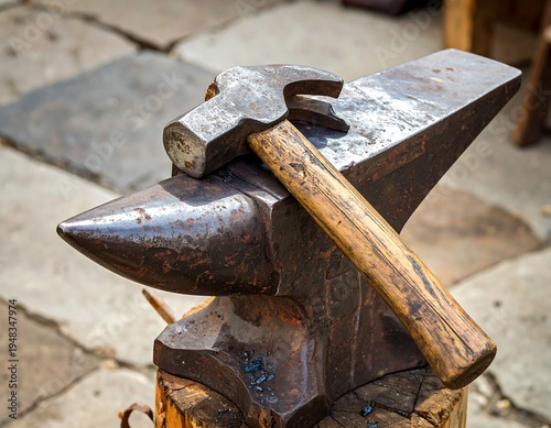 Anvil and hammer resting on a wooden stand