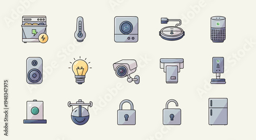 Icons depicting various smart home devices and security items
