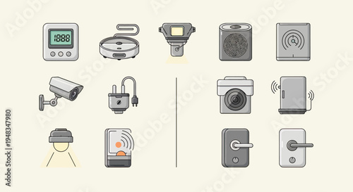A digital timer, wireless charger, spotlight, speaker, and security camera icons