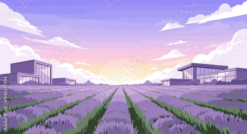 Rows of lavender stretch towards a pastel sunset between modern buildings