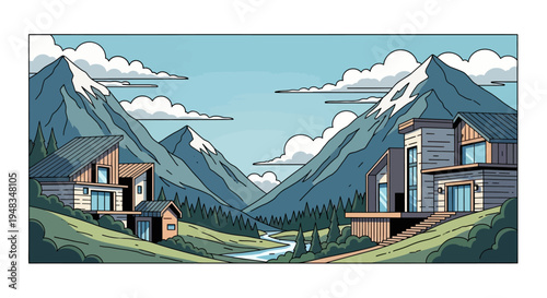 Modern homes nestled in a valley between snow-capped mountains