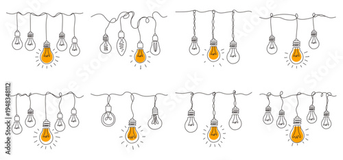One continuous line drawing of hanging light bulbs with one shining. Concept of creative idea