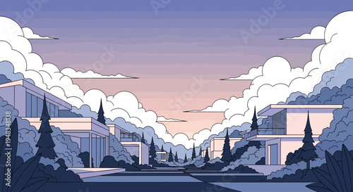 Modern homes line a street under a pastel sky filled with clouds