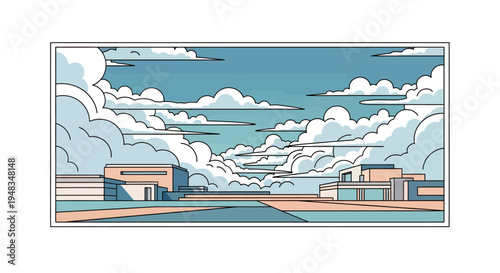 Stylized geometric buildings under a dramatic sky filled with fluffy white clouds
