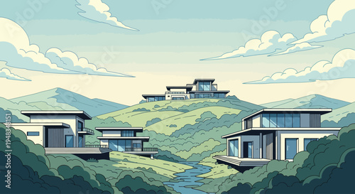 Modern houses on lush green hillsides overlooking a winding blue stream