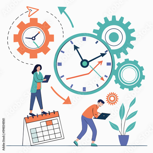Synchronized time management and business productivity illustration with people, gears and calendar, work efficiency, project management, remote work, office work