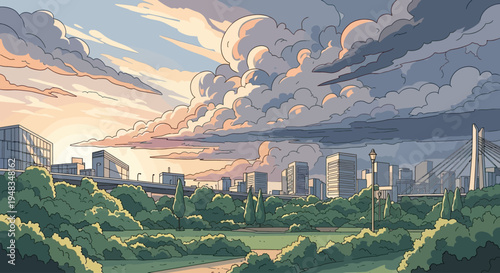 Dramatic sky over a cityscape with lush parkland in the foreground