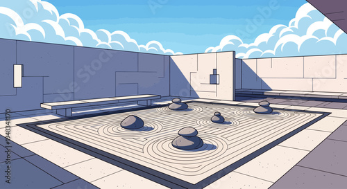 Minimalist courtyard with raked gravel garden, stacked stones, and concrete walls