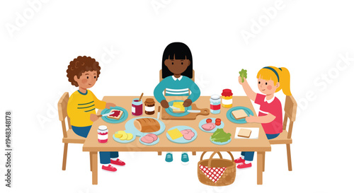 Three diverse children are happily gathered around a wooden table, preparing sandwiches with various ingredients like bread, cheese, ham, lettuce, jam, and butter.