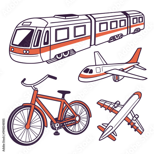 Modern transport vehicles collection: train, airplane, and bicycle illustrations for travel concepts, passenger train, modes of transport, public transport, urban transport