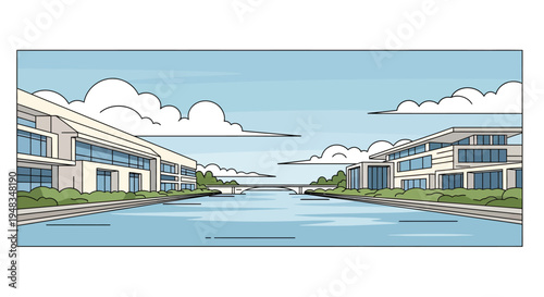 Modern buildings line a calm canal under a cloudy sky