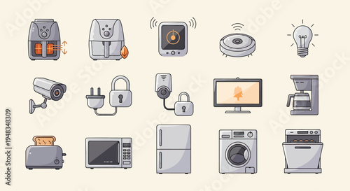 Collection of smart home appliances and security devices on a light background