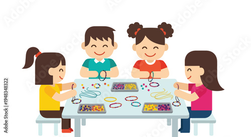 Four happy children sit around a table, engaged in the creative and colorful activity of making bead jewelry together.