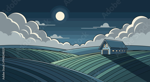 A serene nighttime landscape features rolling hills, a moonlit sky, and a solitary barn