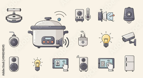 Smart home devices collection slow cooker, speaker, thermometer, camera, bulb, tablet, fridge