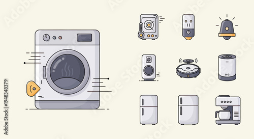 Collection of cartoon-style home appliance icons with a vintage aesthetic