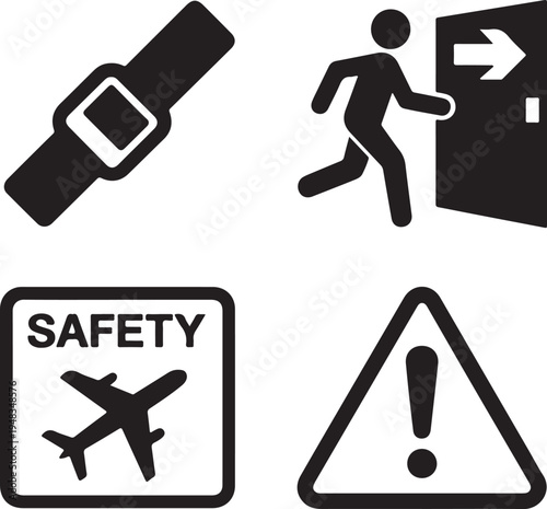 Four black and white safety and evacuation symbols including seatbelt, exit sign, airplane