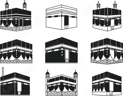 Kaaba icon set collection, Islamic holy Mecca Kaaba silhouettes, Hajj Umrah pilgrimage landmark symbols, Muslim religion vector illustration