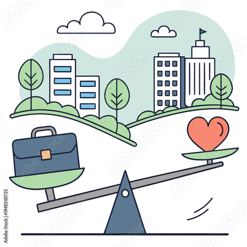 Work-life balance scale with briefcase and heart, business and personal priorities illustration, balancing scale, heart symbol, business priority, mental health