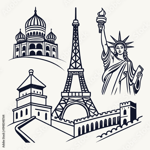 Famous world landmarks outline set vector illustration. iconic travel destinations and historical monuments collection with eiffel tower with statue of liberty