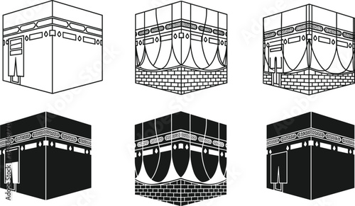 Kaaba icon set, Islamic holy Kaaba silhouette collection, Mecca sacred mosque symbol, Hajj pilgrimage landmark vector illustration