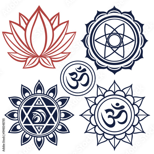 Sacred spiritual yoga symbols collection vector set. om, lotus, and chakra meditative design elements, om symbol, lotus flower, sacred geometry, inner peace