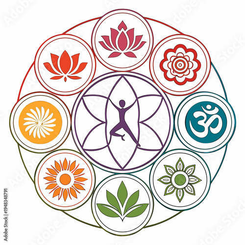Vibrant yoga and wellness mandala vector illustration. holistic spiritual harmony and mindful living concept with lotus flower with om symbol with inner peace