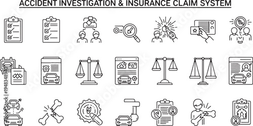 Accident investigation and insurance claim system outline icons set for car crash report legal justice and medical compensation.
