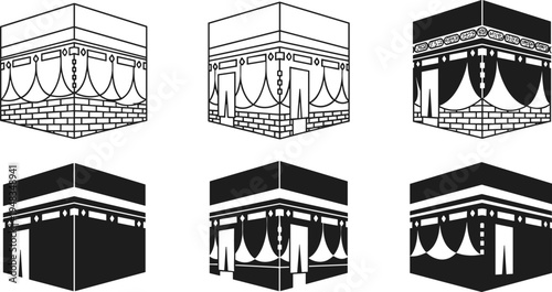 Kaaba Icon Set, Islamic Holy Mosque Silhouette Collection, Mecca Sacred Architecture Vector Illustration, Hajj And Umrah Religious Symbol