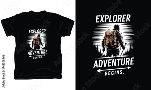 Explorer adventure begins hiker with backpack walking in nature forest vector illustration