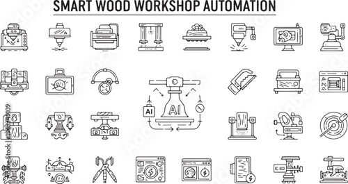 Smart wood workshop automation and robotic carpentry outline icons set for industrial woodworking and AI timber manufacturing.