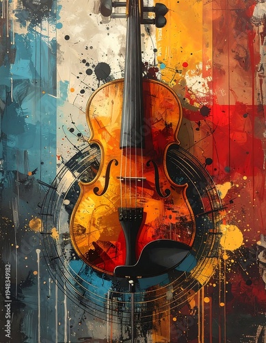 Vertical painting of violin against colorful abstract backdrop