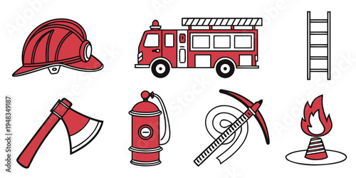 a collection of firefighting and mining tools and vehicles Vector