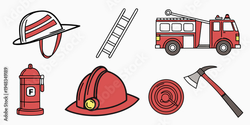 firefighting equipment and vehicles Vector