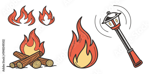 a set of campfire icons including logs and flames and a poker Vector