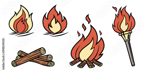 a set of cartoon fire and logs Vector