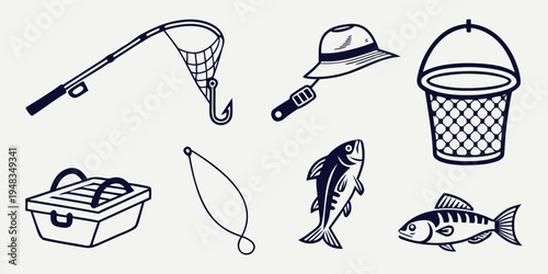 a collection of fishing gear and fish Vector
