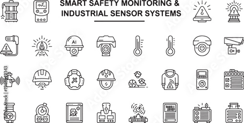 Smart safety monitoring and industrial sensor systems outline icons set for factory worker security and automated technology.